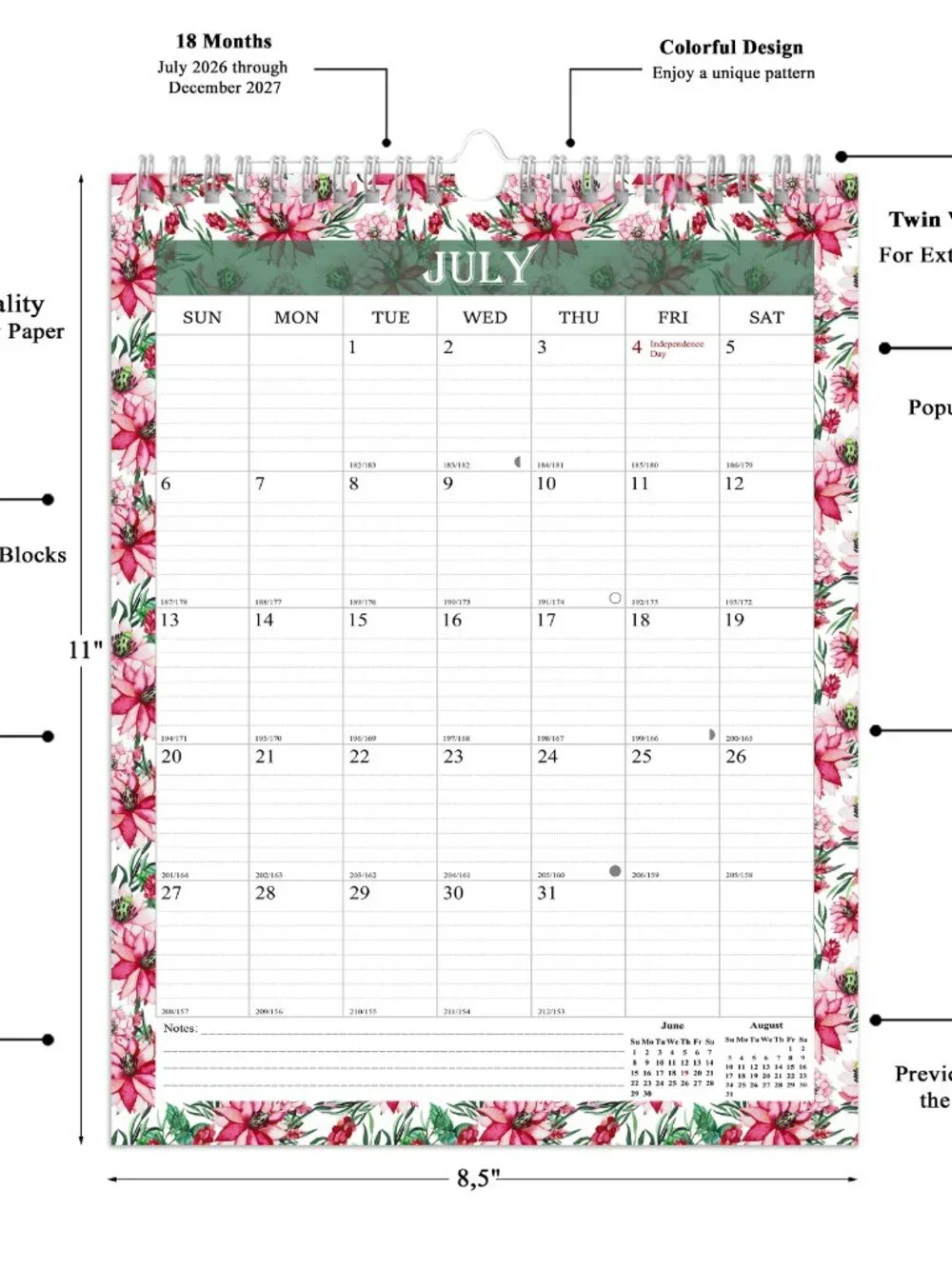 2026-2027 Wall Calendar Spiral-bound Twin-Wire Binding - 18 Months 8.5